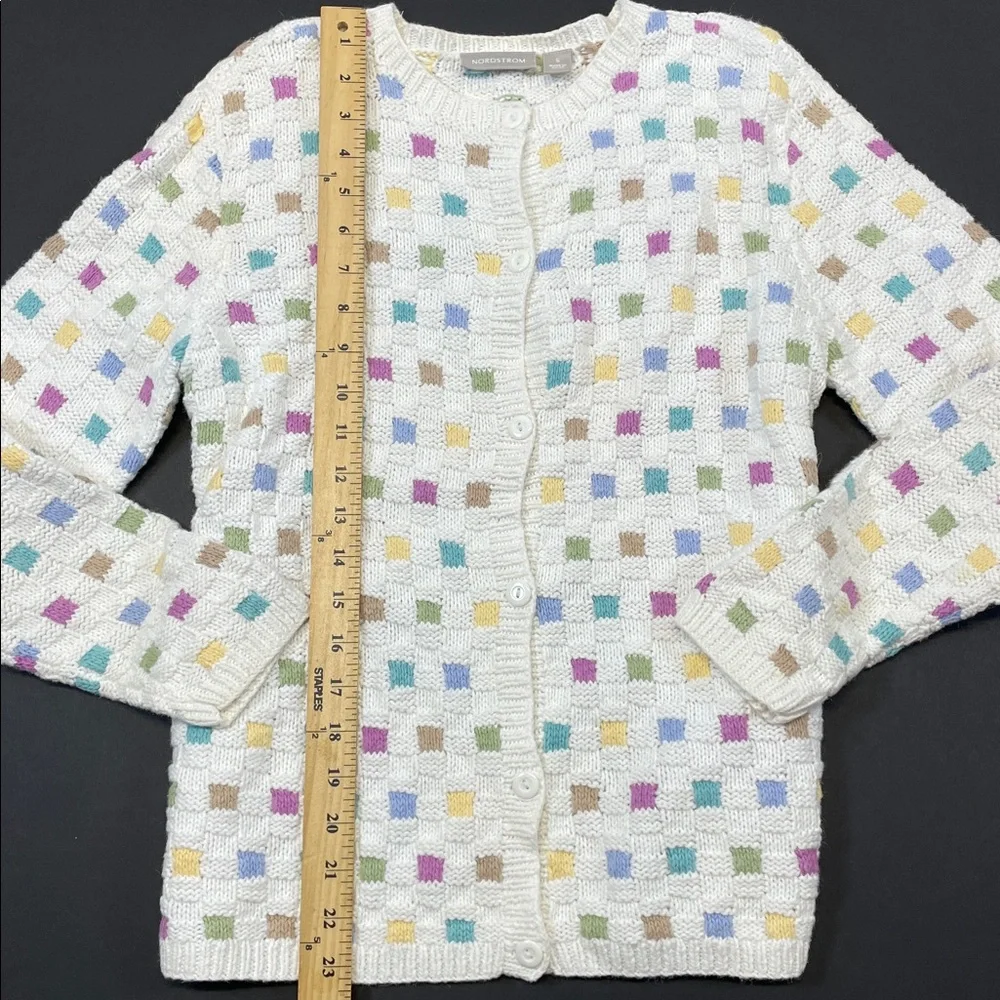 Nordstrom Cream Knit Cardigan Pastel Checkered Women’s Size S - Picture 3 of 5